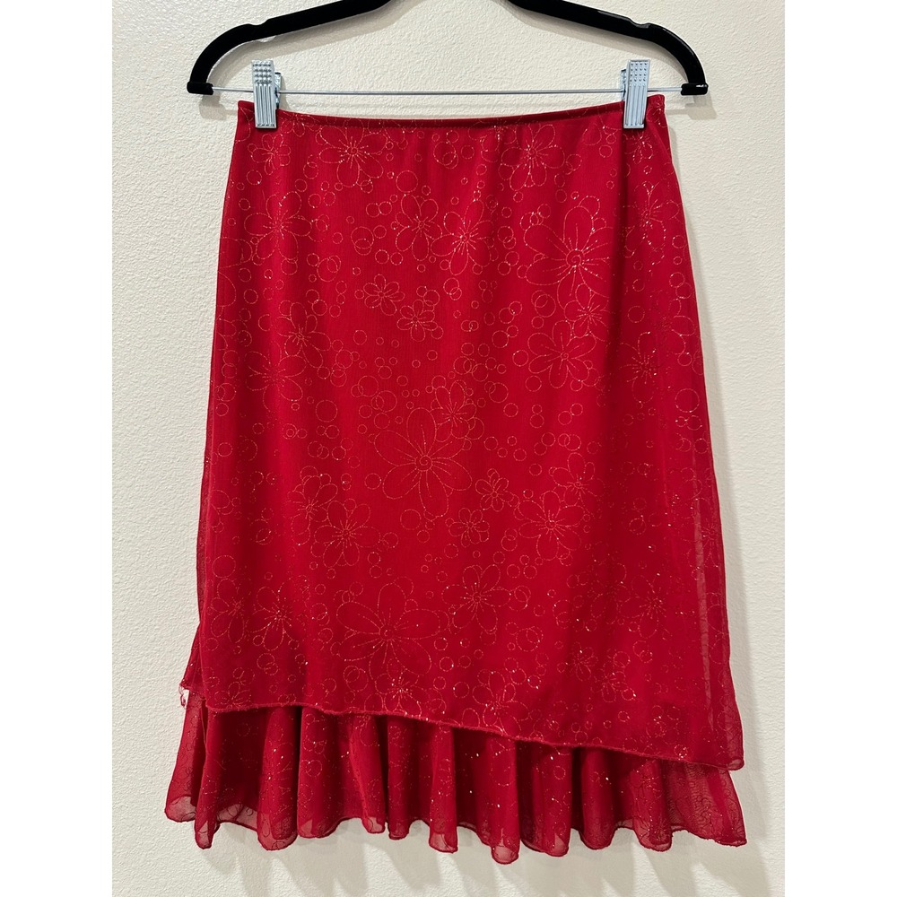 Byer California Red Glitter Floral Mesh Asymmetrical Ruffle Skirt Large